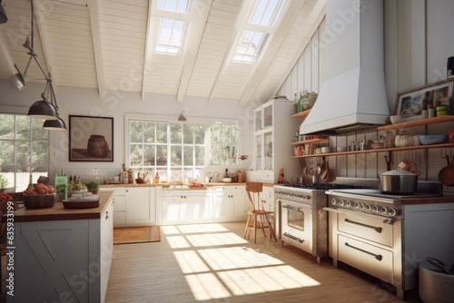 a spacious  modern farmhouse style kitchen that is light