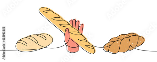 Set of bakery products one line colored continuous drawing. Wheat bread, challah, braided bread continuous one line illustration. Vector illustration.