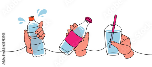 Hands with plastic bottles one line colored continuous drawing. Hands with plastic bottles and glass beaker continuous one line illustration.