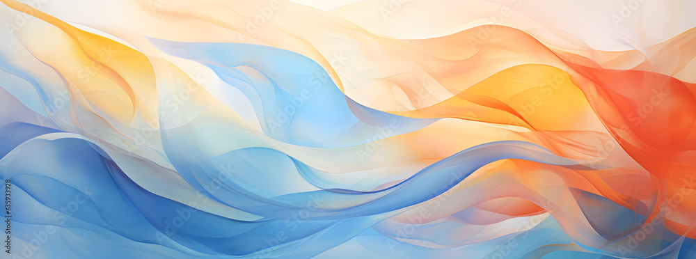 an abstract painting of a blue, yellow, and orange, red wave