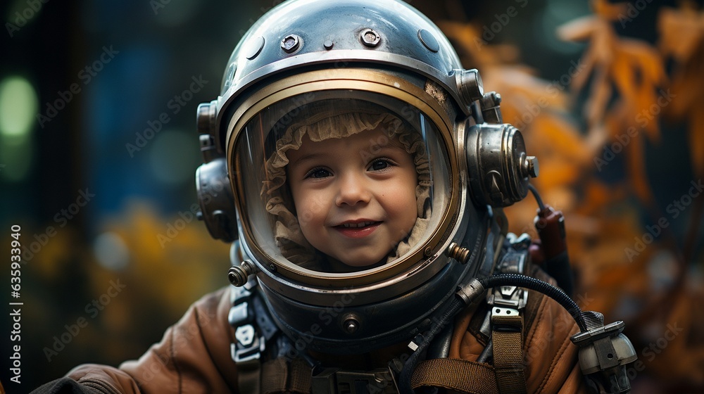 a young child with an astronaut helmet. a young child with an astronaut helmet.
