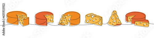 Cheese set one line colored continuous drawing. Different types of cheese continuous one line illustration. Vector minimalist linear illustration.
