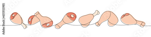 Set of chicken legs one line colored continuous drawing. Raw chicken meat parts continuous one line illustration. Vector linear illustration.
