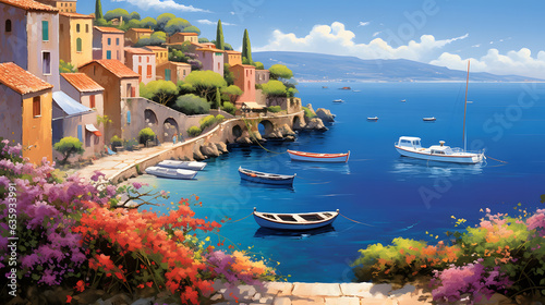 Experience the charm of the Mediterranean landscape with this enchanting image. Quaint fishing villages with colorful boats nestle against rugged cliffs, framed by an endless expanse of blue sky and s