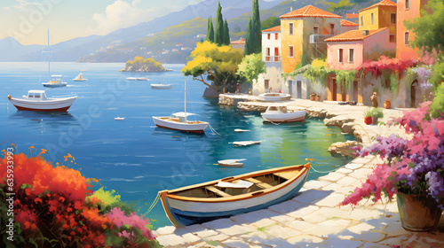 Experience the charm of the Mediterranean landscape with this enchanting image. Quaint fishing villages with colorful boats nestle against rugged cliffs, framed by an endless expanse of blue sky and s © CanvasPixelDreams