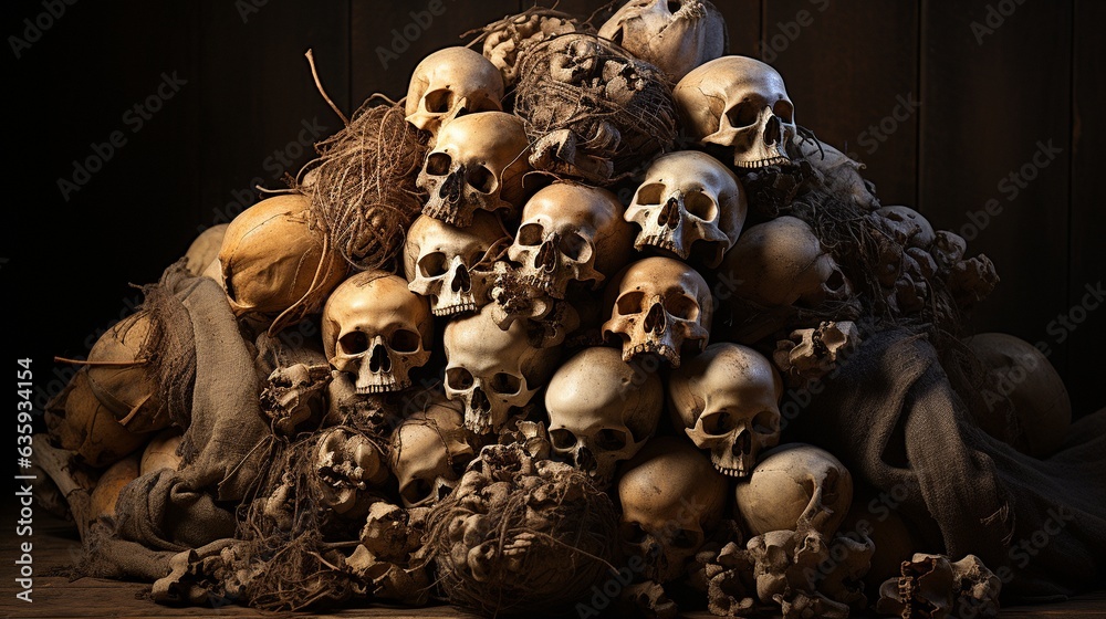 awesome stack of skull and bone on a background made of brown fabric.