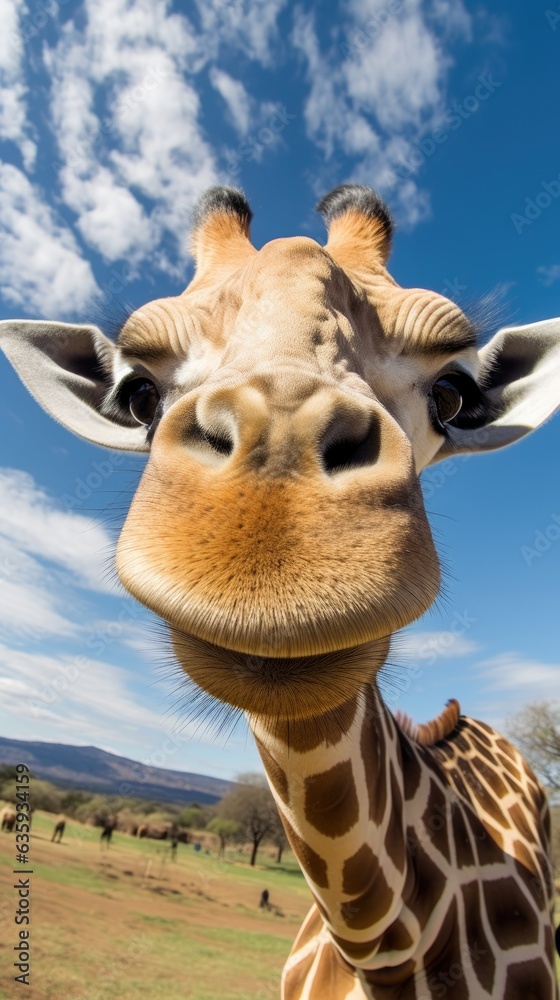 Giraffe touches camera taking selfie. Funny selfie portrait of animal.