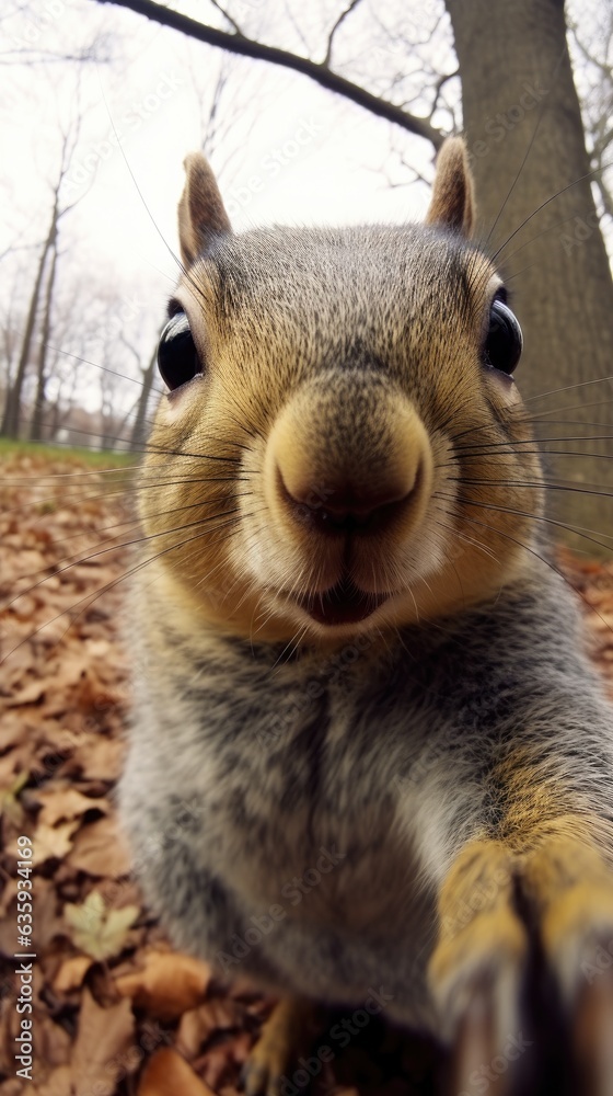 Squirrel touches camera taking selfie. Funny selfie portrait of animal.
