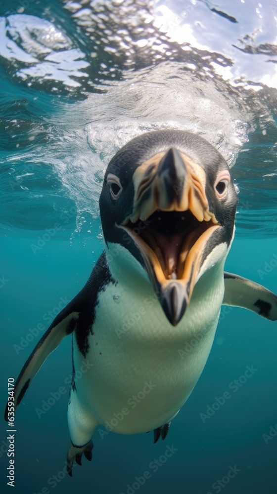 Fototapeta premium Penguin touches camera taking selfie. Funny selfie portrait of animal.