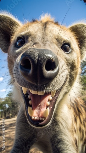 Hyena touches camera taking selfie. Funny selfie portrait of animal.