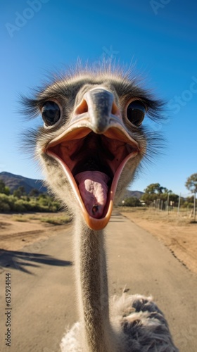 Ostrich touches camera taking selfie. Funny selfie portrait of animal.