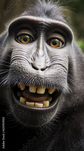 Monkey touches camera taking selfie. Funny selfie portrait of animal.