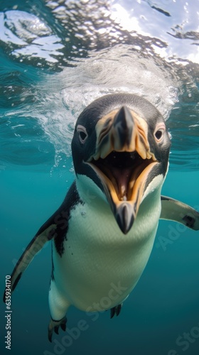 Penguin touches camera taking selfie. Funny selfie portrait of animal. © DenisNata