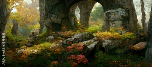Mystical woodland forest in Autumn with remnants of old druid buildings in ruin. Enchanted magic forest  ancient trees  colorful flowers  peaceful dreamy fairytale fantasy wonderland  generative ai