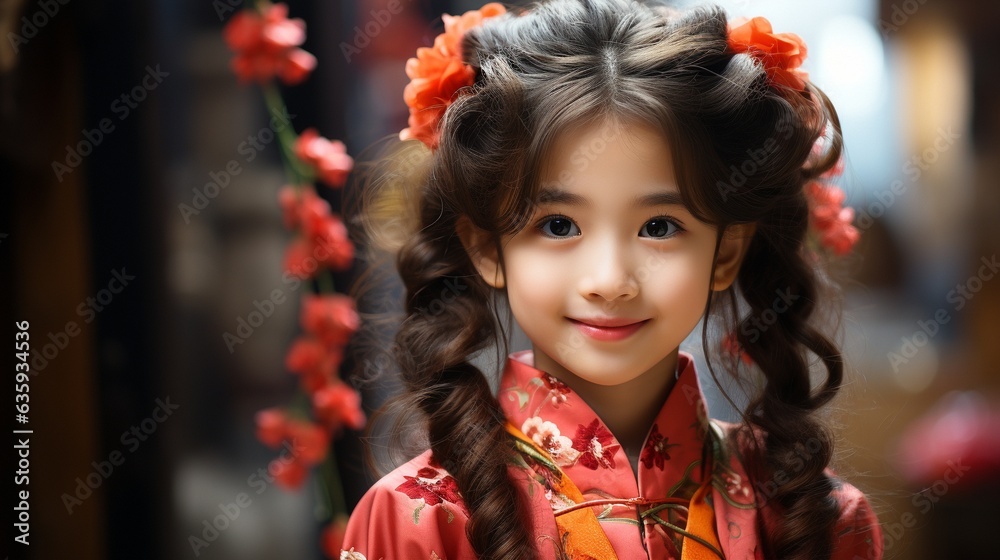 Wishing you a happy Chinese New Year from an East Asian girl. A red Chinese garment was on her..