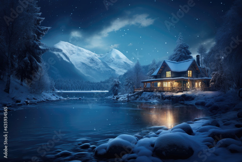 Beautiful cozy cottage on winter background Generative AI © Lana_M