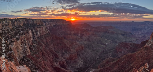The sun rising at Grand Canyon North Rim, viewed from the Angels Window Overlook at Cape Royal, Grand Canyon National Park, UNESCO World Heritage Site, Arizona, United States of America, North America photo