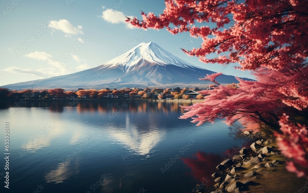 Autumnal Fuji Capture of Kawaguchiko Lake. Generative AI