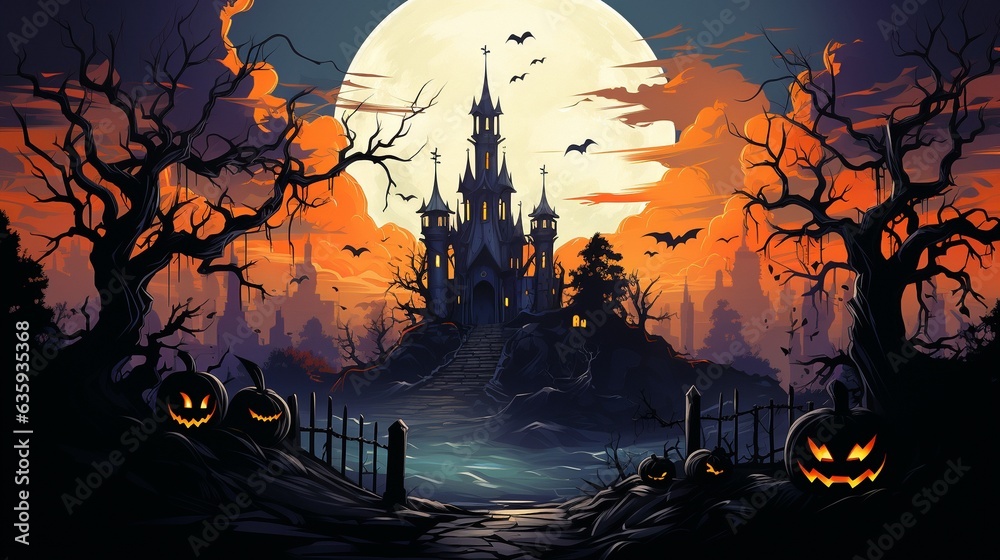 Banner for Halloween with a witch, a haunted house, pumpkins, and bats.