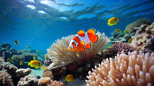 Marine life oceanic backdrop - Captivating clownfish  Amphiprion percula  gracefully navigating a vibrant coral reef  showcasing the endearing charm of this adorable anemone fish. 