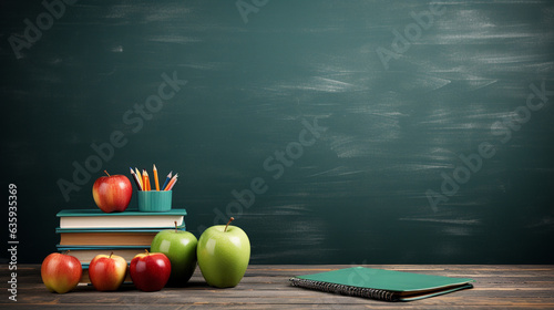 "Welcome Back to School" background - A green blackboard adorned with a school bag, textbooks, and an apple placed on the teacher's desk. 
