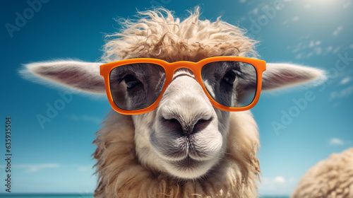 Whimsical animal summer getaway photo banner - Up-close image of a sheep sporting sunglasses, standing alone against a white backdrop.  © Julia