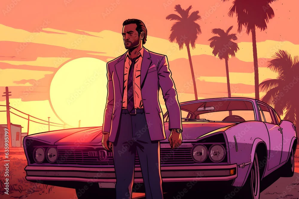 Miami Vice Sunset Affair Classic Car, Mobster, and Palm Trees