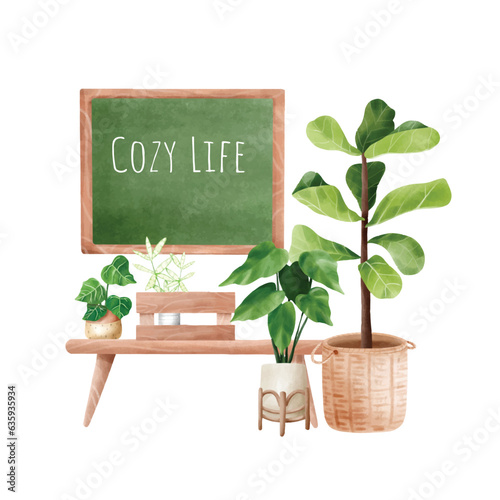 set of houseplants with blackboard decoration shop vector illustration