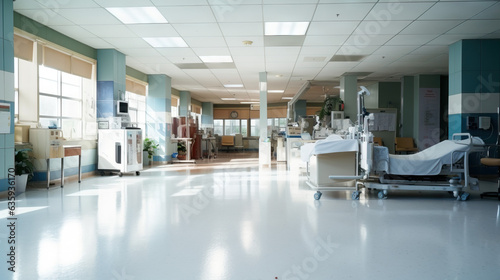 Empty white clean and pristine hospital. Concept of Sterile environment, medical facility, empty wards, healthcare setting, clinical cleanliness, sanitized spaces, hospital ambiance.