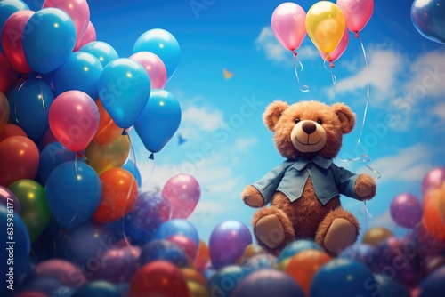 Teddy bear with colorful balloons in the bright room Generative AI.