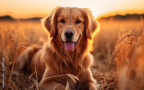 Golden Dog in Crops Field. Generative AI