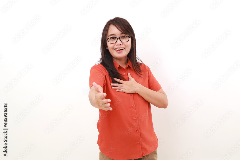 Friendly young asian woman standing while offering help with her hand. Isolated on white Friendly young asian woman standing while offering help with her hand. Isolated on white