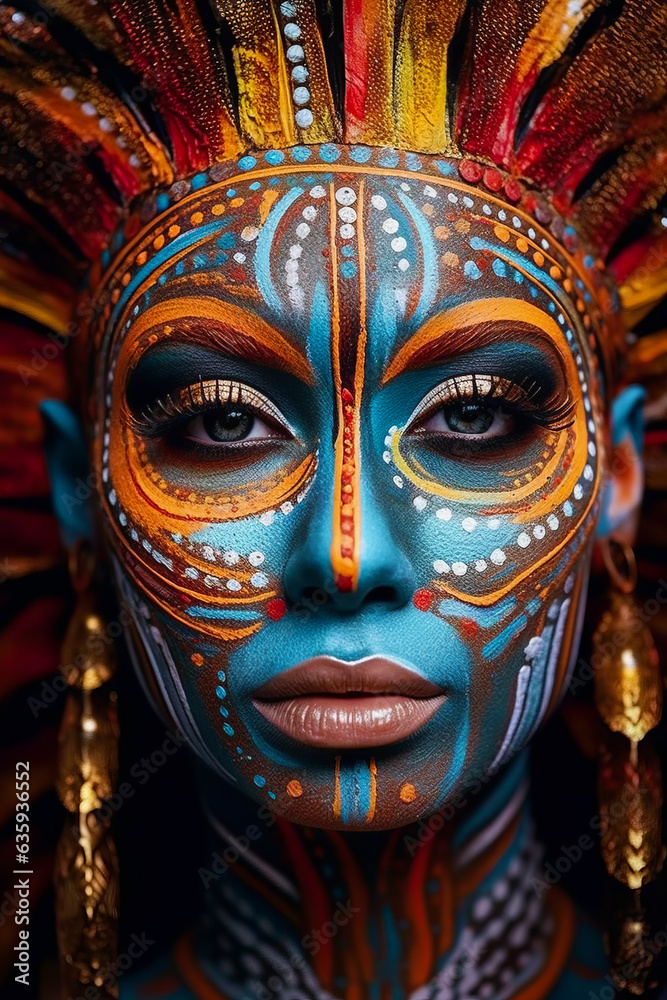 Close up of woman with blue and orange makeup and headdress.