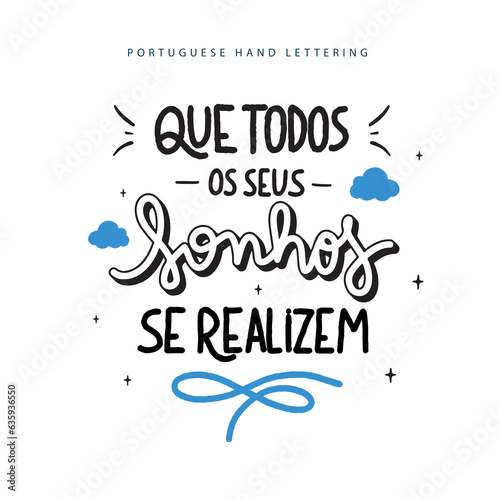 Lettering portuguese brasilian happy birthday with ornaments hand drawn 
