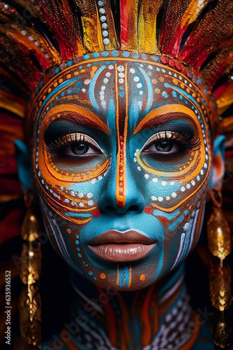 Close up of woman with blue and orange makeup and headdress.