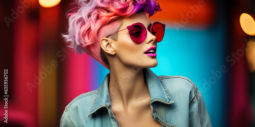 Vibrant Hair Color and Sunglasses Make a Fashion Statement: A young girl with vivid hair color and sunglasses makes a fashion statement