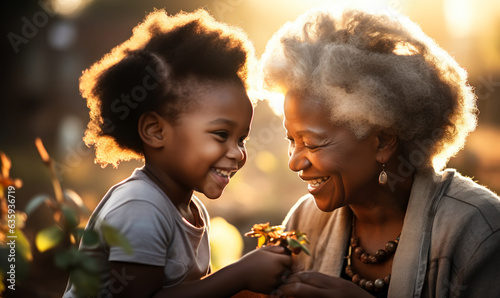 Black Grandmother and Grandchild Share a Moment of Joy: A black grandmother and grandchild share a moment of joy, their love for each other evident in their smiles.