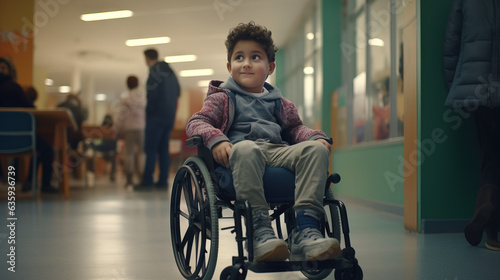 Young boy in wheelchair in hospital hallway looking happy. Concept of Pediatric care, hospital experience, wheelchair mobility, positive attitude, hospital environment, joyful expression.