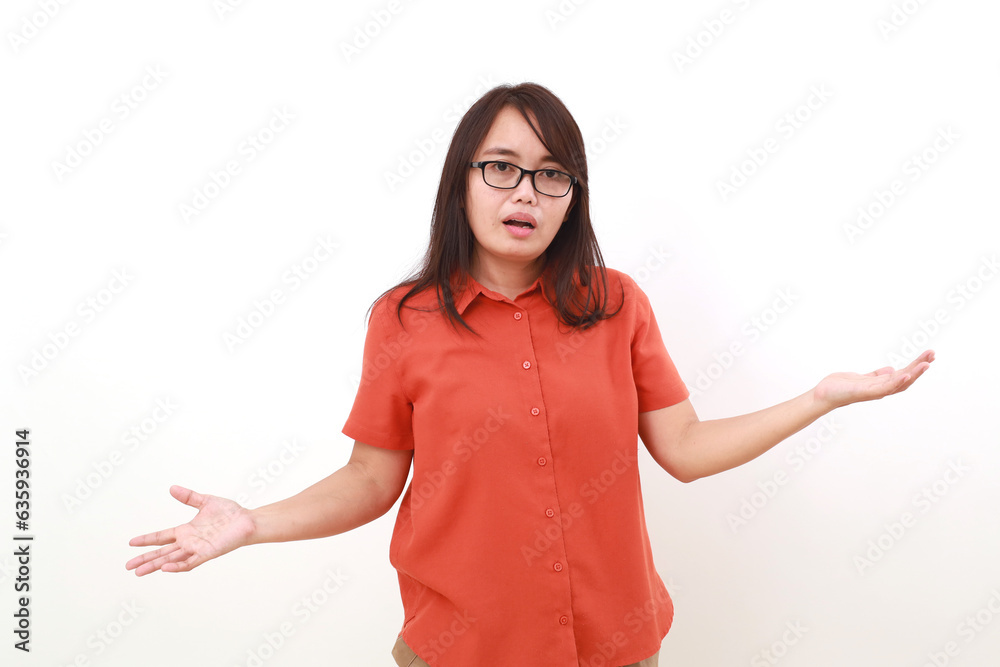Confused young asian woman standing while making question hand gesture. Isolated on white Confused young asian woman standing while making question hand gesture. Isolated on white