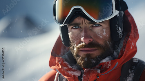 Skier man on snowy white mountain with goggles. Concept of Alpine skiing, snowy adventure, mountainous terrain, winter sports, ski goggles, downhill thrill, outdoor recreation.