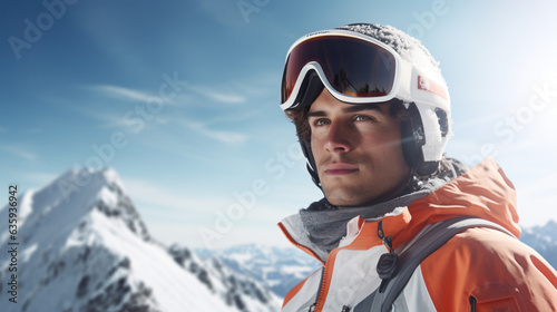 Skier man on snowy white mountain with goggles. Concept of Alpine skiing, snowy adventure, mountainous terrain, winter sports, ski goggles, downhill thrill, outdoor recreation. © Lila Patel