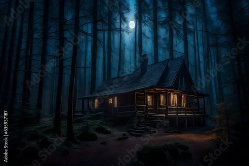 Fototapeta a moonlit forest with an aura of mystique and a wooden cabin - AI Generative