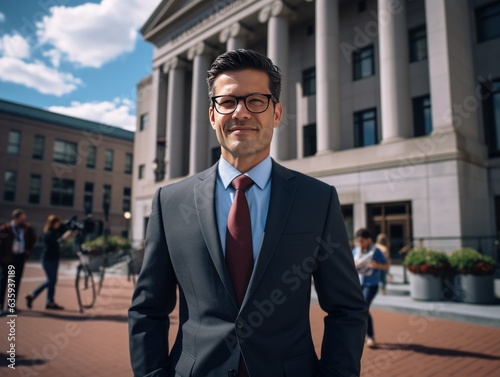 Fotografía de un abogado fuera de un tribunal, documentos en mano, listo para defender la justicia.