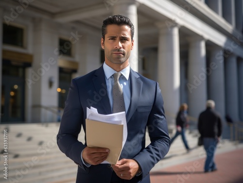 Fotografía de un abogado fuera de un tribunal, documentos en mano, listo para defender la justicia.