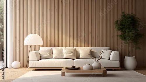 Japanese style interior design of modern living room with sofa and blank frame on wooden wall.