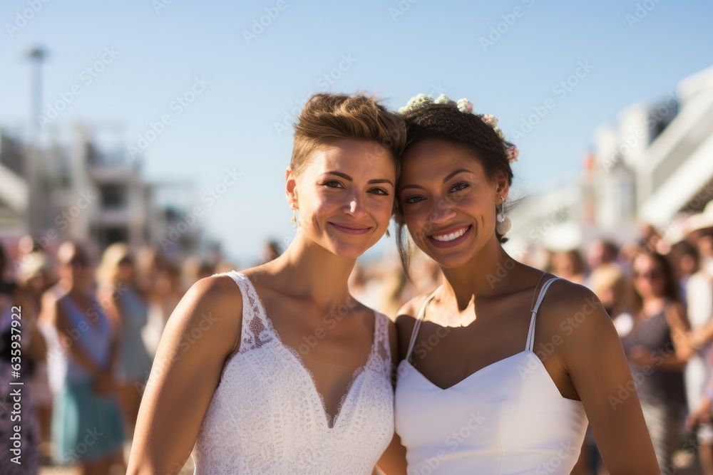 Young female couple having a wedding and getting married on a beach in Los Angeles