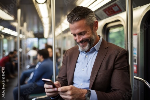 Middle aged caucasian businessman using a smart phone while commuting to work in a subway in New York USA