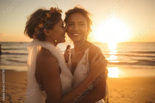 Young female couple getting married on a beach in Los Angeles © Geber86