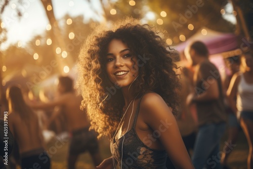 Young beautiful caucasian woman smiling and dancing at a music festival party