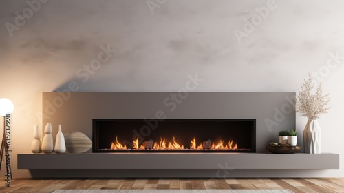 Modern living room with fireplace, burning wood logs, bright flames